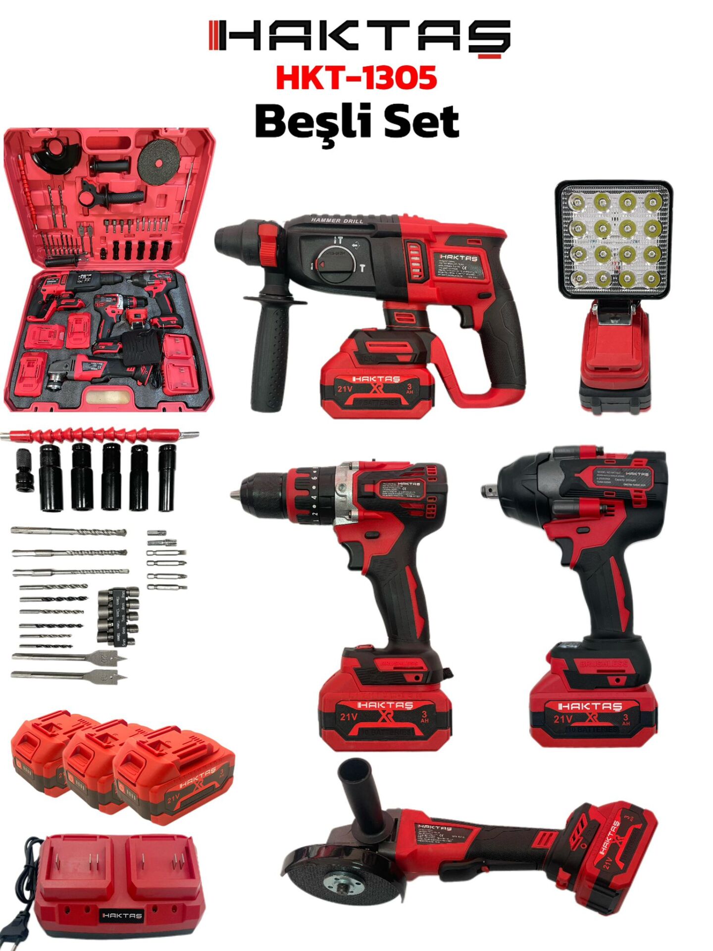 Haktaş 800-1200 Nm Yeni Nesil Kırmızı Renk Tam Profesyonel  Kömürsüz 5 Li set ( Hilti Torklu Spiral Vidalama Power Banklı Led Lamba