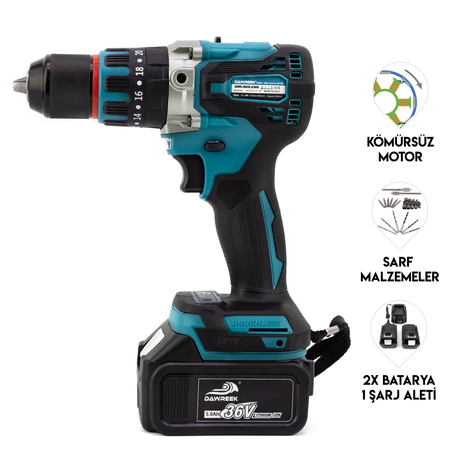 Dawreek 10 Pilli Profesyonel Kömürsuz Motor Çelik Şanzıman Metal dişli Çelik Mandren Darbeli Çelik kasa Şarjlı Matkap