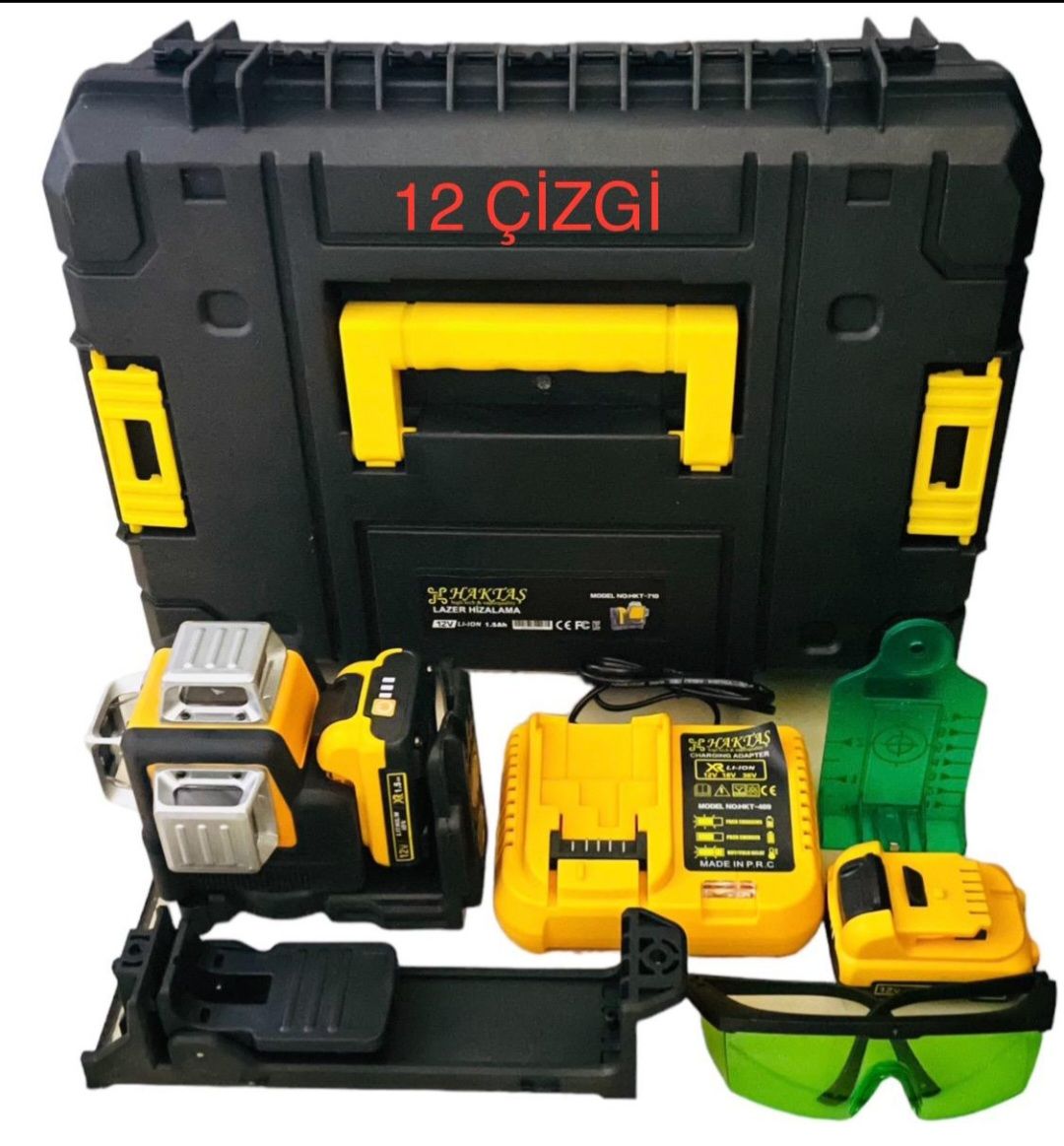 Haktaş Profesyonel 12 Çizgi U profil Askı Aparatlı Mıknatıslı Mandallı Şarjlı Çift Batayalı Lazer Terazi Hizalama