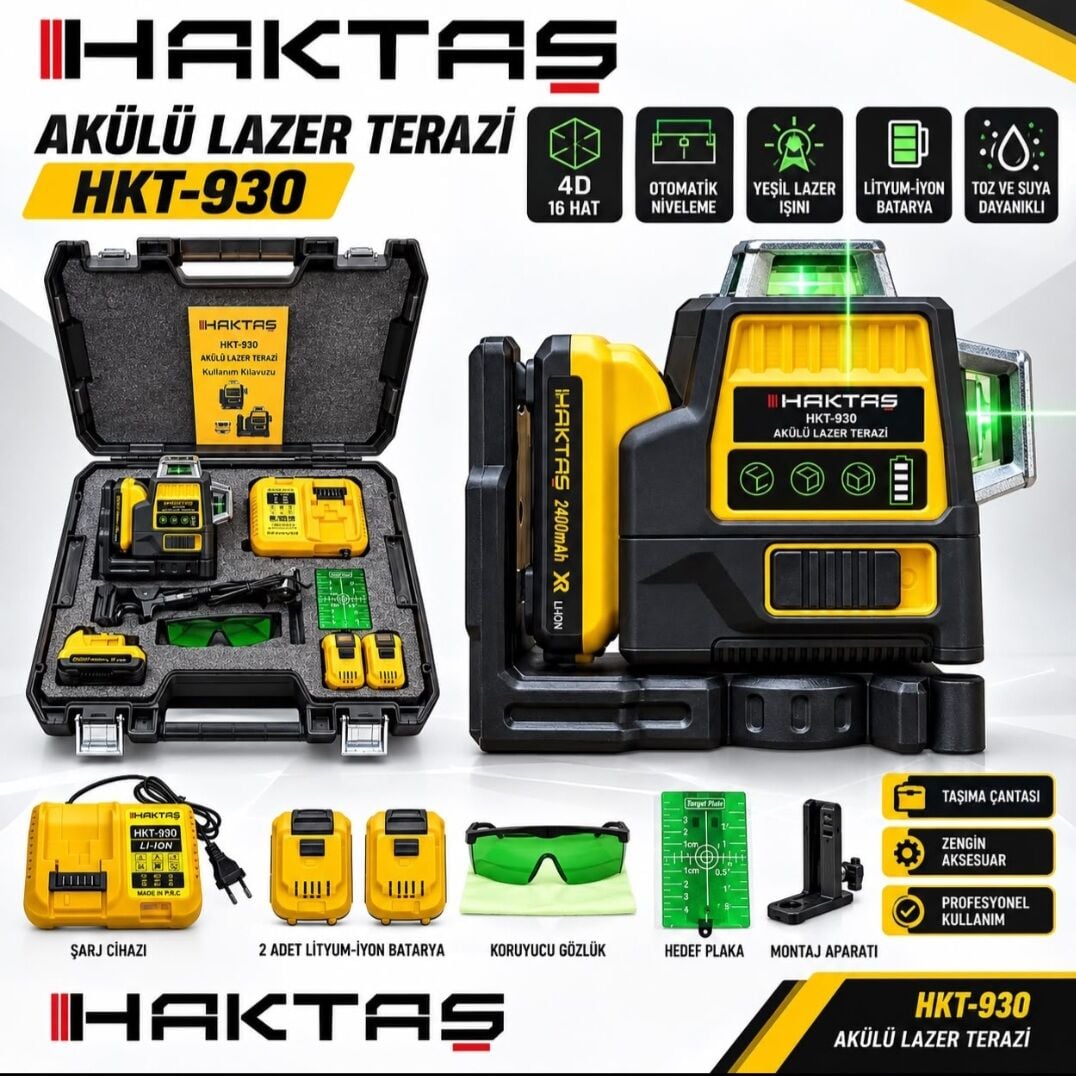 Haktaş Profesyonel U profil Askı Aparatlı Mıknatıslı Mandallı Şarjlı Lazer Terazi Hizalama