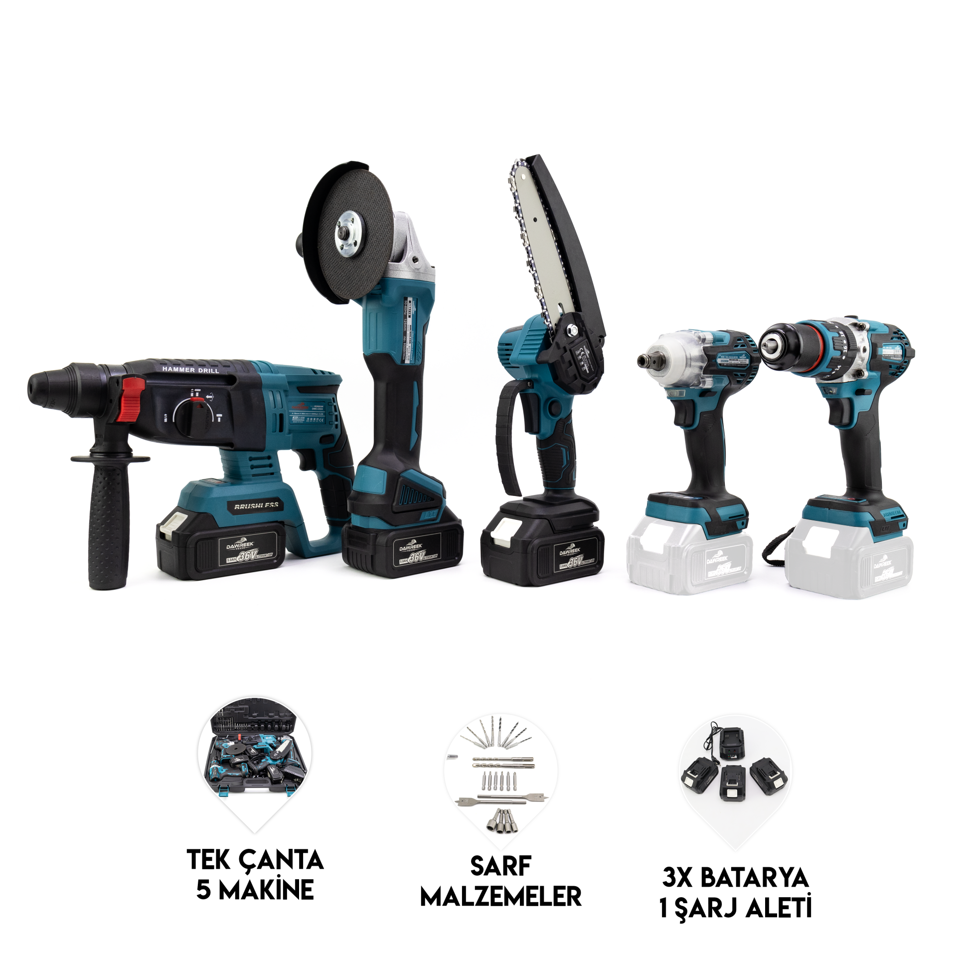 Dawreek Profesyonel 5 li Set Otomatik Yağlamalı Testereli (Hilti Sriral Torklu Somun Sıkma ve Vidalama matkap